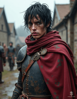 A battle-hardened human warrior stands weary in a medieval village, drenched black hair cascading over a leather-clad frame. His red cloak flutters with memories of conflict, while scars etched across his skin tell tales of survival, exhaustion evident in his tired gaze.