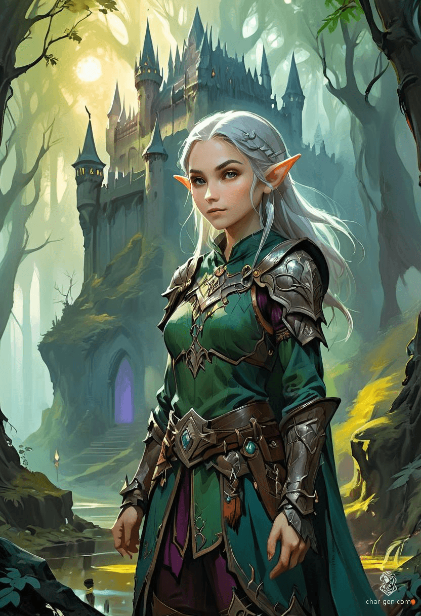 Elysia, a graceful elf with luminescent skin and silvery hair, roams the ancient woods of Eldoria. With keen eyes that see beyond the ordinary, she wields a bow of enchanted wood, protecting her realm from dark forces while embodying the wisdom and beauty of her lineage.