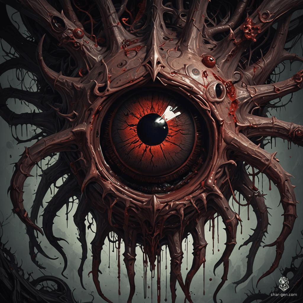 A Beholder is a floating, ball-shaped creature with bloodied, skin textured bodies and multiple eyestalks, each ending in a deadly, magical eye. Its crimson, bloodied skin contrasts sharply, invoking an aura of terror and malevolence.