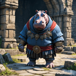 Meet Grondar, the Giff—a mighty, anthropomorphic hippo with a powerful stance and a head resembling his majestic kin. Clad in rugged armor, he wields a massive musket, boasting both strength and wisdom as he navigates the realms, blending brawn with a hearty sense of adventure.