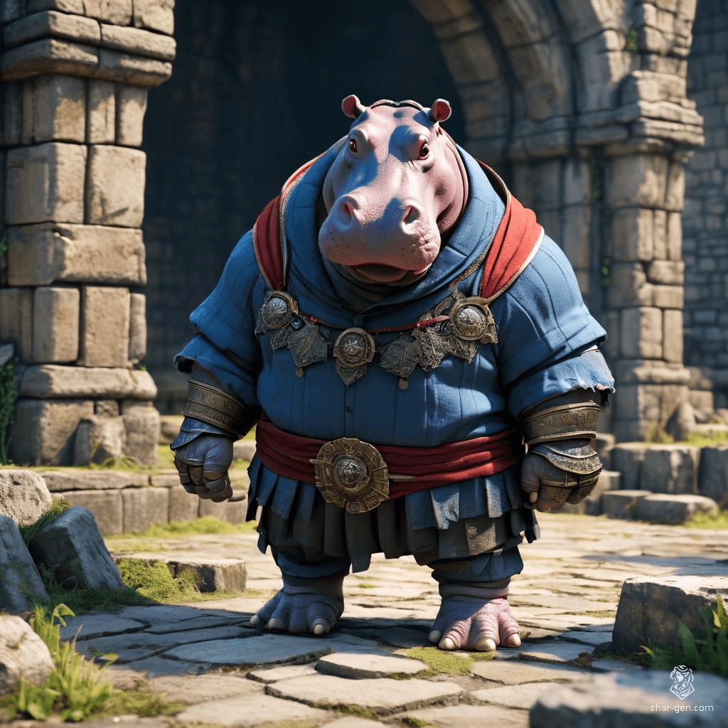 Meet Grondar, the Giff—a mighty, anthropomorphic hippo with a powerful stance and a head resembling his majestic kin. Clad in rugged armor, he wields a massive musket, boasting both strength and wisdom as he navigates the realms, blending brawn with a hearty sense of adventure.