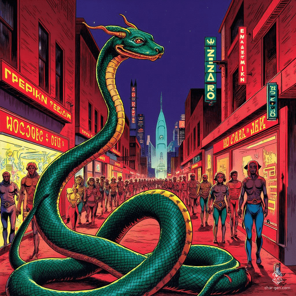 The Naga is a majestic, serpent-like creature with a humanoid torso and a hooded cobra head, adorned with shimmering jewels. With graceful coils poised to strike, its hypnotic gaze captivates foes, striking fear akin to a basilisk from the depths of fantasy.