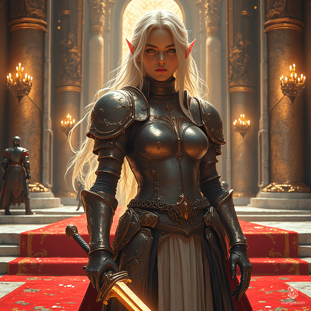 A vigilant female elf paladin, adorned in gleaming chainmail, exudes a dignified aura as she patrols the streets. Her distinct tan skin radiates strength and resilience, while her long hair flows elegantly, embodying both grace and determination in her unwavering protective stance at the gates.