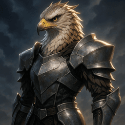 A fierce Aarakocra warrior clad in intricately detailed silver-and-black armor, featuring lifelike eagle feathers and a piercing beak. Rendered with cinematic precision, this striking figure combines stylized cel-shading and realistic textures against a stormy, dramatic backdrop.