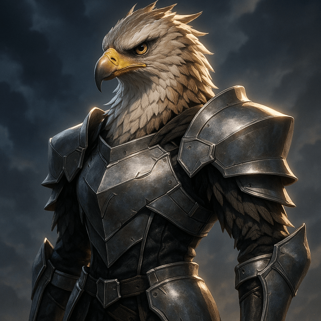 A fierce Aarakocra warrior clad in intricately detailed silver-and-black armor, featuring lifelike eagle feathers and a piercing beak. Rendered with cinematic precision, this striking figure combines stylized cel-shading and realistic textures against a stormy, dramatic backdrop.