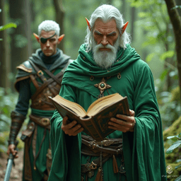In a mystical realm, a green-robed wizard clutches an enigmatic closed book, its secrets concealed. Close behind, a white-haired elven ranger, clad in leather armor and sporting an eye patch, strides with purpose, ready for adventure amidst the shadows of ancient magic.
