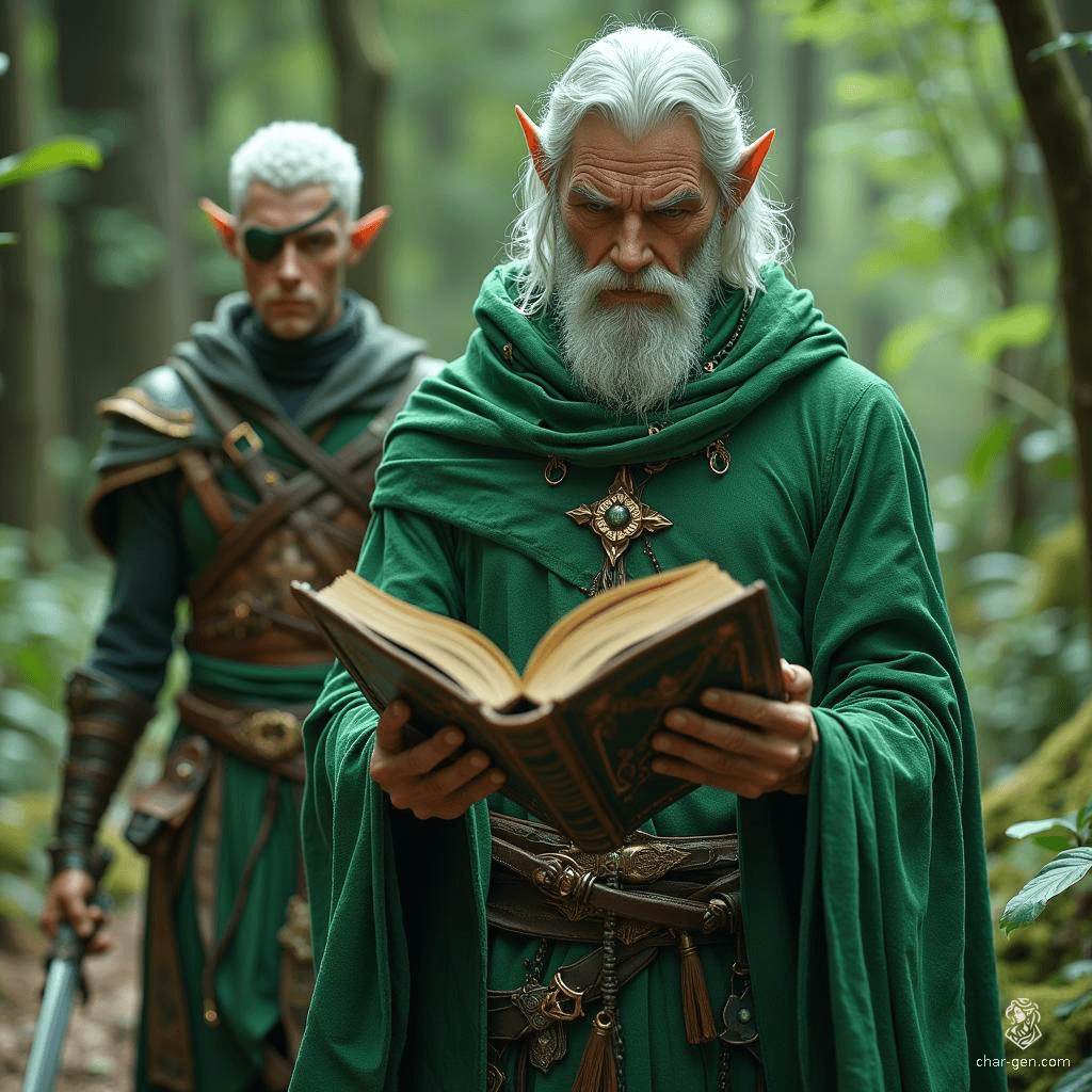 In a mystical realm, a green-robed wizard clutches an enigmatic closed book, its secrets concealed. Close behind, a white-haired elven ranger, clad in leather armor and sporting an eye patch, strides with purpose, ready for adventure amidst the shadows of ancient magic.