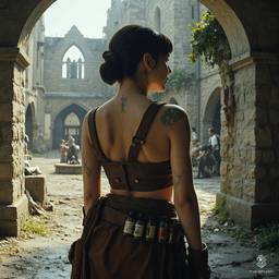 Izzy, a cunning halfling assassin, blends youthful charm with lethal precision. Standing at 1.5 meters, her pale skin flecked with shimmering green scales and striking yellow-green snake-like eyes highlight her danger. Dressed in brown leather and armed with poisons, she embodies the thrill of the hunt.