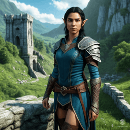 Vex'ahlia, a 28-year-old female half-elf, is a nimble and keen-eyed ranger known for her stealth and hunting skills. Raised in an elven city but unaccepted, she left to embrace the wilderness and gained a loyal bear companion, Trinket.