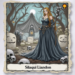 Silaqui Liandon, a captivating 345-year-old Wood Elf, blends druidic wisdom with warlock mystique. With sapphire eyes and intricate leather armor, she wields a shortbow, accompanied by her animal kin. Haunted by guilt, she seeks redemption through daily rituals, embracing her enchanting yet dark destiny.