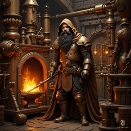 This confident male dwarf fighter stands proudly amidst his armory, surrounded by gleaming suits of armor and rugged tools. With tan skin, jet black hair, and a matching beard, he embodies strength and craftsmanship. Clad in chainmail with a brown cloak, he tirelessly forges protection for fellow warriors.