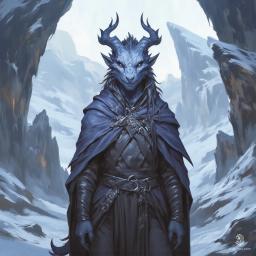 A silver-skinned female dragonborn sorcerer stands at a snowy mountaintop cave, wrapped in warm fur garments. Surrounded by translucent ice mephits and a shimmering psychic aura, she commands frost magic with sharp, draconic features glowing in the cold, mystical light.