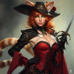 A captivating female duelist bard blending French Renaissance flair with fantasy charm. Wielding a rapier, she sports a cavalier hat, shoulder cape, and feline features—ginger hair, cat ears, green cat-like eyes, and a long tail—embodying elegance, agility, and fierce grace.