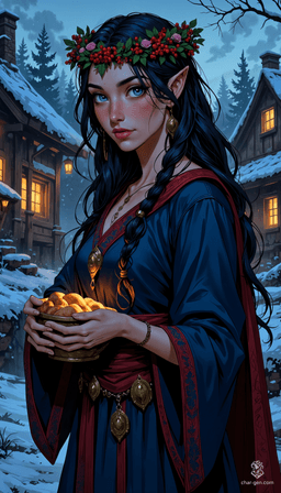 In a twilight Slavic village, a beautiful maiden with flowing black hair and a floral wreath holds a wooden bowl of bread. Dressed in a dark blue woolen gown with vibrant embroidery, she radiates a haunting elegance amidst the fog and intricate shadows of her home.