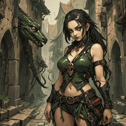 In a dimly lit alley of a medieval city, a fierce yuan-ti rogue proudly displays a severed vampire head. Adorned in leather armor for stealth, her green scales shimmer ominously, while her forked tongue and serpent-like visage reflect her cunning nature. A true predator of the thieves' guild.
