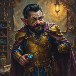 In a dimly lit workshop, a nervous yet charismatic gnome stands poised, his clockwork eye gleaming amid intricate blueprints and magical devices. Dressed in a disheveled mithral breastplate and rich attire, his mechanical arm and gemstone device hint at both brilliance and impending danger.