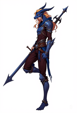 A dynamic male blue dragon knight with long, flowing blonde hair, adorned in vibrant armor. His exaggerated proportions and bold linework bring energy to his pose against a vivid sky. With cartoon-like expressions and anime-inspired aesthetics, he embodies a fantastical hero ready for adventure.