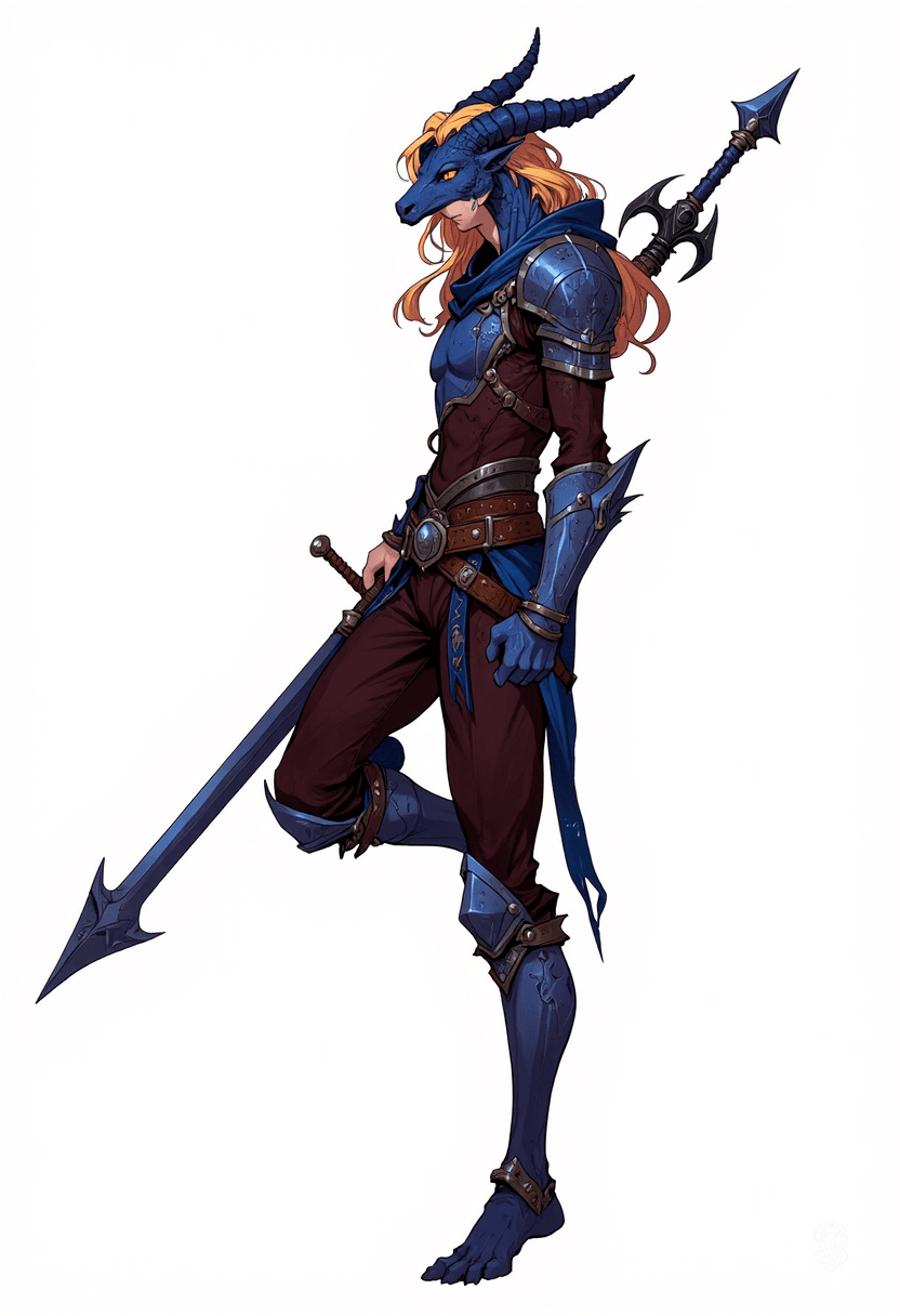 A dynamic male blue dragon knight with long, flowing blonde hair, adorned in vibrant armor. His exaggerated proportions and bold linework bring energy to his pose against a vivid sky. With cartoon-like expressions and anime-inspired aesthetics, he embodies a fantastical hero ready for adventure.