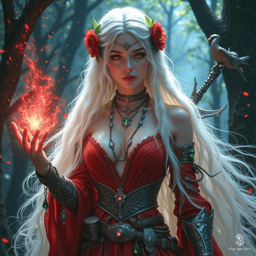 Elysia, a human warlock entwined with an archfey patron, wields powerful magic from the Feywild. Her long, white hair gleams with flowers as her piercing red eyes shimmer with arcane energy. Clad in a blend of fey-inspired elegance and sturdy armor, she commands both beauty and strength in enchanted realms.