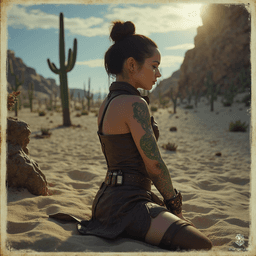 Izzy, a newly emancipated halfling assassin, embodies lethal elegance. Standing at 1.5 meters with bright yellow-green eyes, she dons a snug brown leather tunic, showcasing her green snake-scale tattoos. Agile and stealthy, Izzy expertly wields her crossbow and concealed daggers, prowling the shadows with a seductive, dangerous charm.