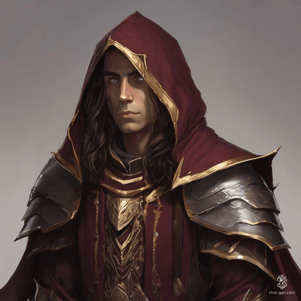 A stern, resilient Elven male is portrayed, adorned in imposing heavy armor. He wears a deep burgundy hooded cloak with intricate gold detailing, exuding an aura of mystery and authority. The hood shadows his refined features, hinting at a life of valor and enigma.