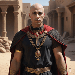 In a sun-scorched desert town, a bald Egyptian warrior dons a shimmering mithril chain shirt beneath a flowing black and red cape. He embodies the strength and mystique of ancient legends, navigating a world where dark magic and ancient myth intertwine, reminiscent of a 70's dark animated saga.