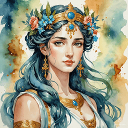 Adorned in flowing robes and crowned with a celestial diadem, this Greek goddess exudes an ethereal beauty. Her watercolor portrait captures vibrant hues that dance like sunlight on water, embodying grace and power, while her enigmatic gaze invites admiration and reverence from all who behold her.