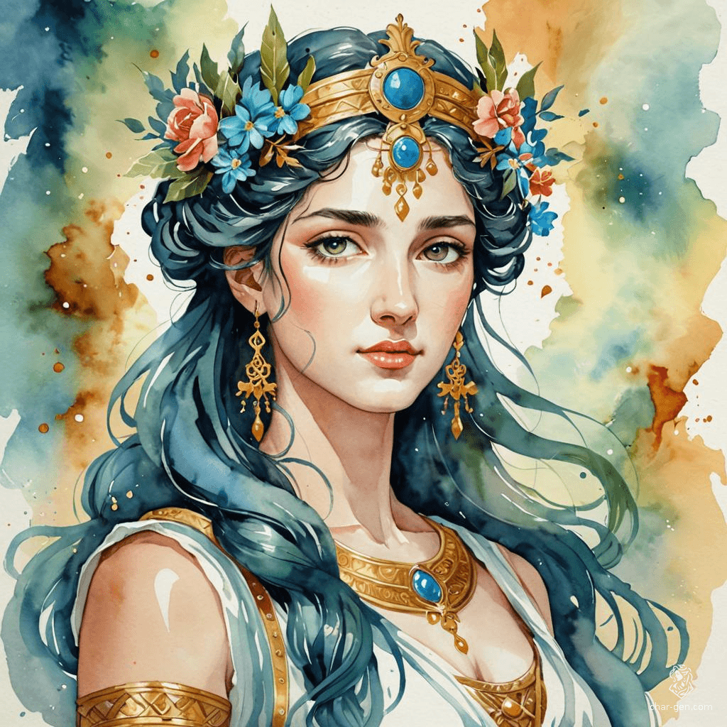 Adorned in flowing robes and crowned with a celestial diadem, this Greek goddess exudes an ethereal beauty. Her watercolor portrait captures vibrant hues that dance like sunlight on water, embodying grace and power, while her enigmatic gaze invites admiration and reverence from all who behold her.