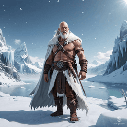 Elder Chief Grimbold, a burly barbarian in his 60s, commands respect with his fierce demeanor and wild spirit. His balding head and pale white beard contrast sharply with his rugged, fur-lined cloak, marking him as a formidable leader in his humble village.