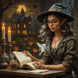 Maryam, the Apothecary Witch, is a wise and endearing elf with tanned skin and gentle wrinkles. Her shoulder-length, tea-colored hair is streaked with grey, tied back with a pointed witch's hat perched atop her head. In her cozy lab, she expertly navigates potions and herbs, radiating a blend of competence and curiosity, while her ghostly spider familiar observes closely.