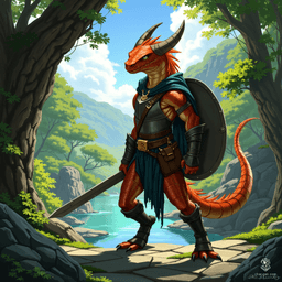 Luna, a fierce half-kobold, half-goloma fighter, boasts a muscular build and striking copper scales. With eight spider-like black eyes, they raise a steel shield amidst battle, clad in a steel breastplate and tattered leather armor. This fluid-gendered bandit exudes confidence and cunning, ready to defend their stolen treasures.
