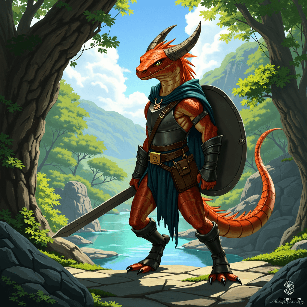 Luna, a fierce half-kobold, half-goloma fighter, boasts a muscular build and striking copper scales. With eight spider-like black eyes, they raise a steel shield amidst battle, clad in a steel breastplate and tattered leather armor. This fluid-gendered bandit exudes confidence and cunning, ready to defend their stolen treasures.
