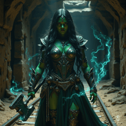 Mugzug the Tiny, a half-orc warlock with a noble lineage, wields a mace and commands arcane powers. Charismatic and wise, she battles for love against her family's prejudices, as her human beloved faces dire consequences. Torn between duty and desire, Mugzug's magical aura reflects her inner turmoil.