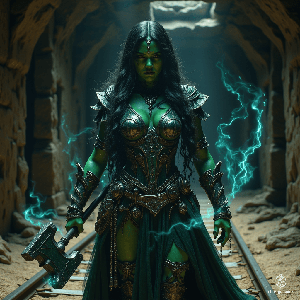 Mugzug the Tiny, a half-orc warlock with a noble lineage, wields a mace and commands arcane powers. Charismatic and wise, she battles for love against her family's prejudices, as her human beloved faces dire consequences. Torn between duty and desire, Mugzug's magical aura reflects her inner turmoil.