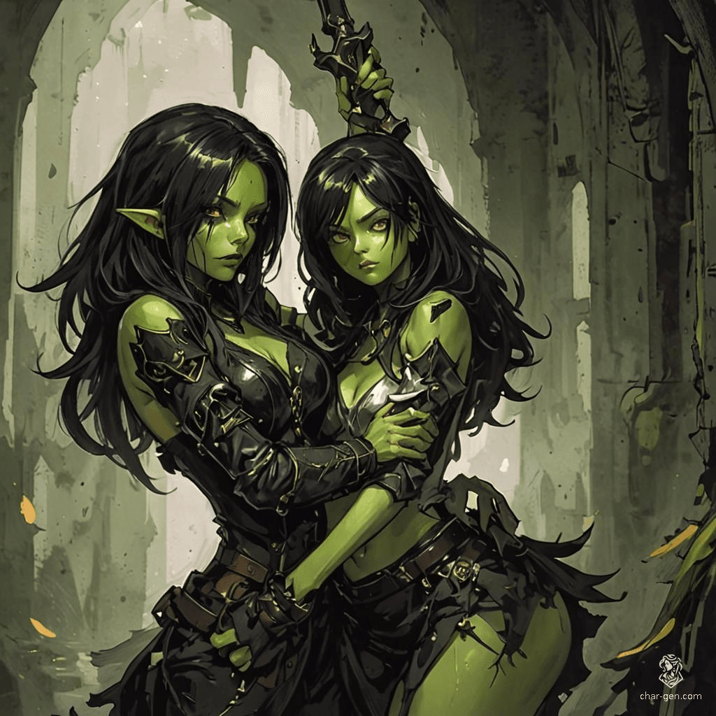 In the moonlit room, a demure goblin assassin glides silently, her lithe form clad in form-fitting leather armor. With a dagger glistening in poison, her emerald skin and flowing black hair meld with the shadows, embodying the perfect blend of beauty and danger.