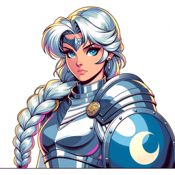 Standing tall in gleaming metallic armor, this young female paladin exudes a dignified aura. With silver hair elegantly braided and a moon symbol emblazoned on her shield, she embodies strength and protection. Her light skin and simplistic color palette emphasize her otherworldly grace in this anime-inspired realm.