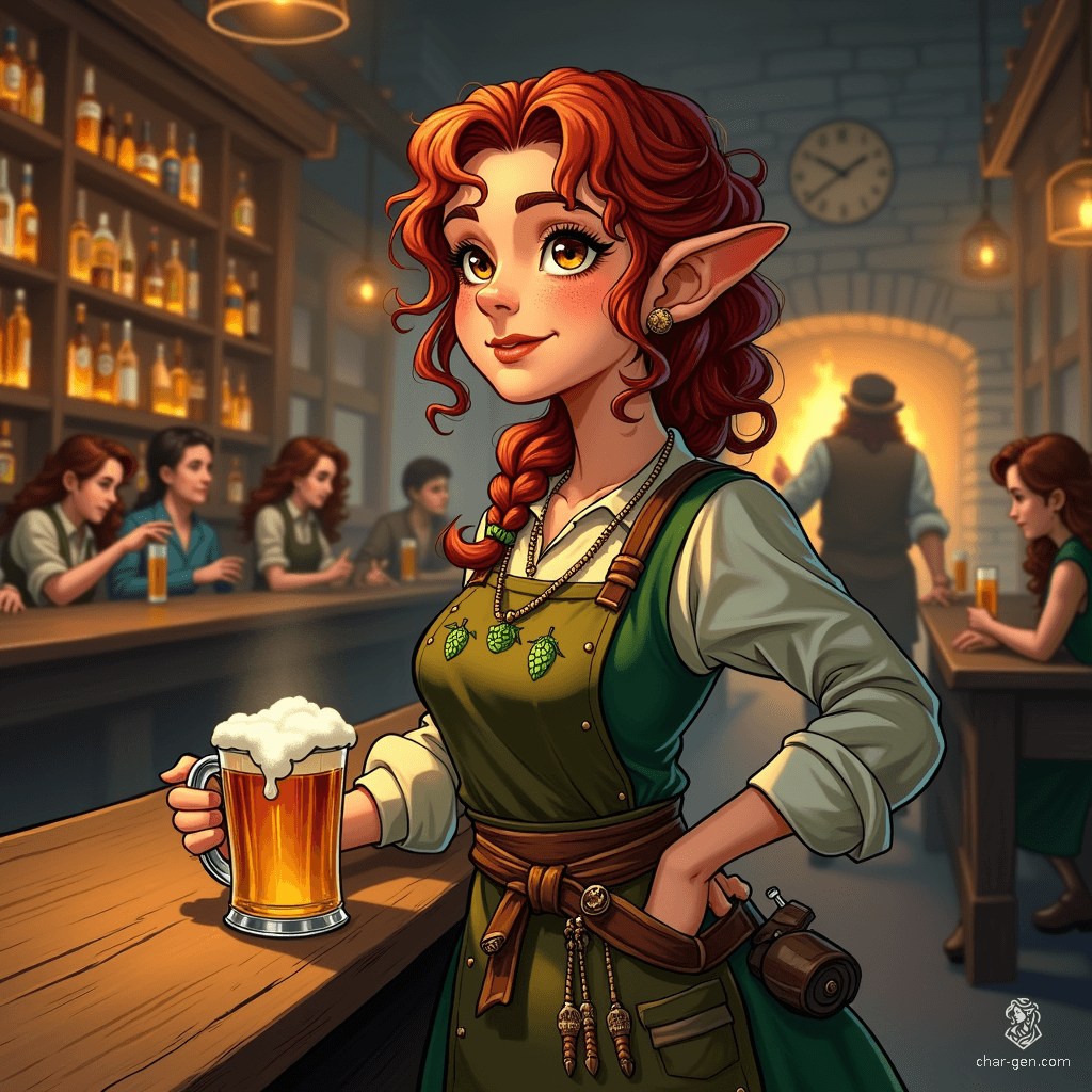 Mira Goldleaf is a captivating halfling tavern keeper, radiating warmth with her bright smile and sparkling hazel eyes. Her curly auburn hair and freckled cheeks enhance her youthful charm. Dressed in a practical yet elegant green dress, she expertly manages her bustling tavern, sharing tales that draw patrons closer.