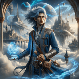 Breezen Aeolus is an 18-year-old air genasi bard, captivating with his bright blue skin and stormy grey hair. Agile and charming, he wields a rapier and an enchanting instrument, using expressive gestures to weave magic. Clad in detailed leather armor, he embodies noble elegance and aerial grace.