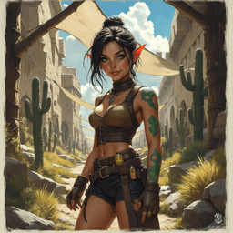 Izzy, a young and perky halfling assassin, expertly wields her crossbow and hides daggers beneath her dark leather tunic. With snake-like yellow-green eyes and green snake-scale tattoos, she embodies both beauty and danger, lurking in the shadows, ever vigilant for her next target.