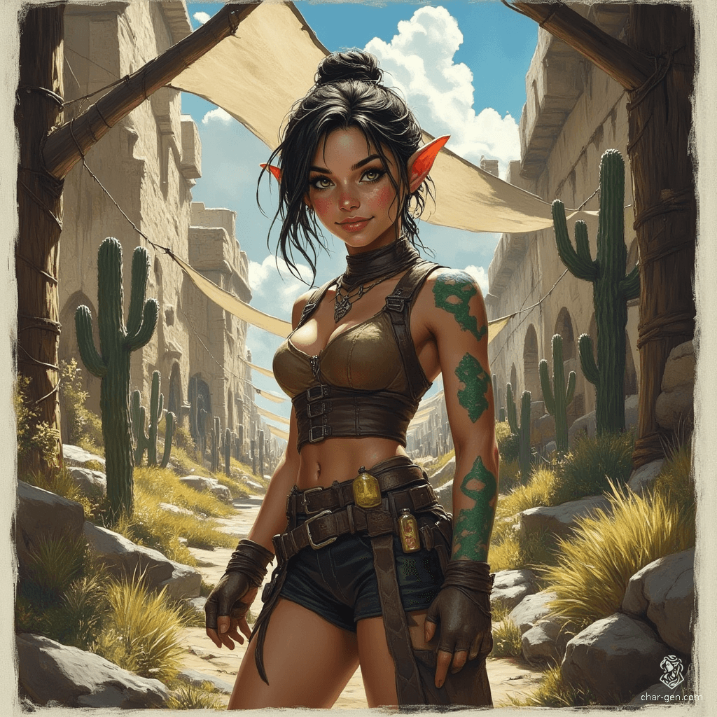Izzy, a young and perky halfling assassin, expertly wields her crossbow and hides daggers beneath her dark leather tunic. With snake-like yellow-green eyes and green snake-scale tattoos, she embodies both beauty and danger, lurking in the shadows, ever vigilant for her next target.