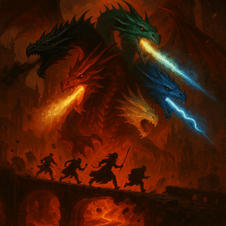 Tiamat, the five-headed Dragon Queen, emerges from a fiery chasm, each head unleashing a distinct elemental fury. Towering in infernal grandeur, she embodies chaos and mythic power as adventurers desperately flee across a shattered bridge beneath her hellish red blaze.