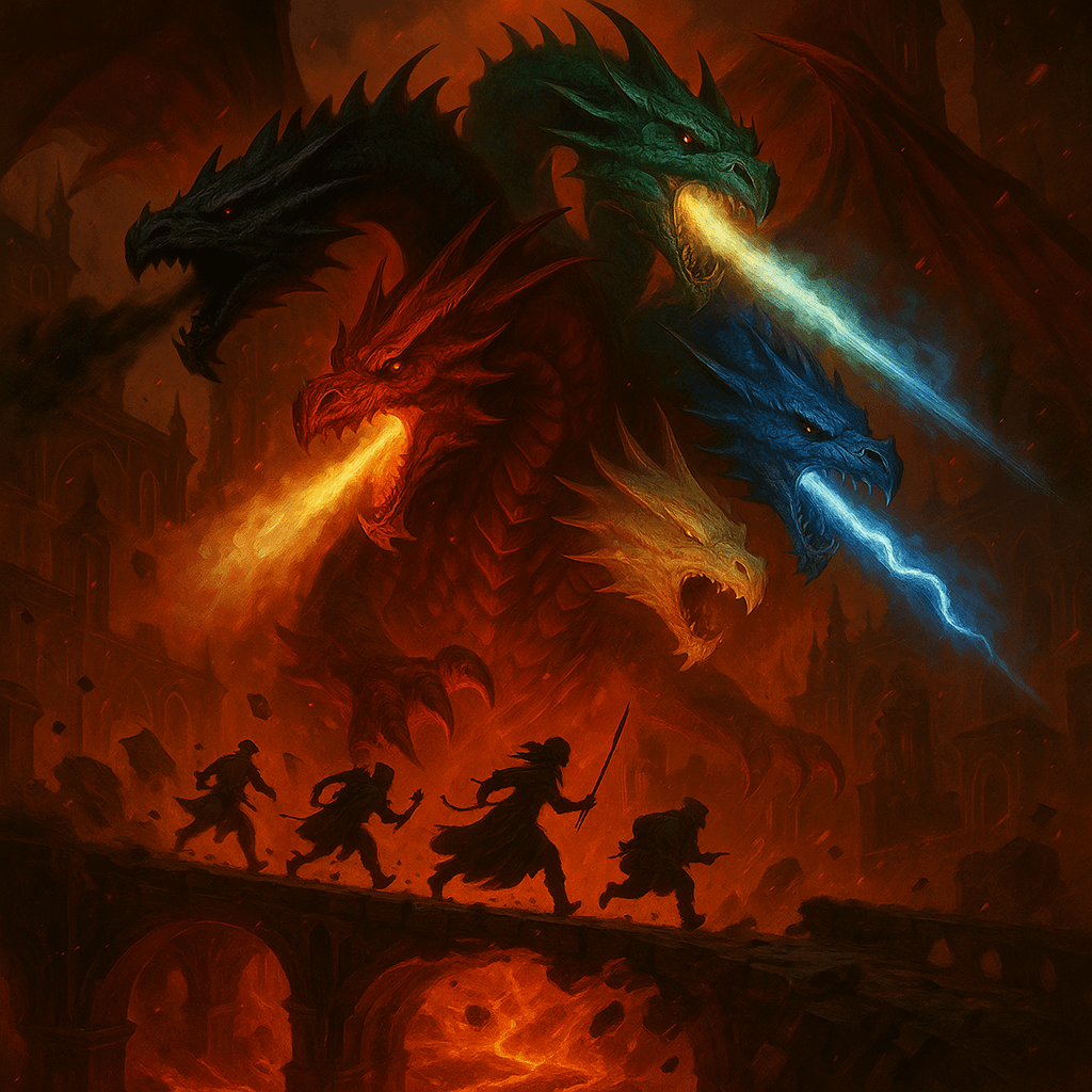 Tiamat, the five-headed Dragon Queen, emerges from a fiery chasm, each head unleashing a distinct elemental fury. Towering in infernal grandeur, she embodies chaos and mythic power as adventurers desperately flee across a shattered bridge beneath her hellish red blaze.