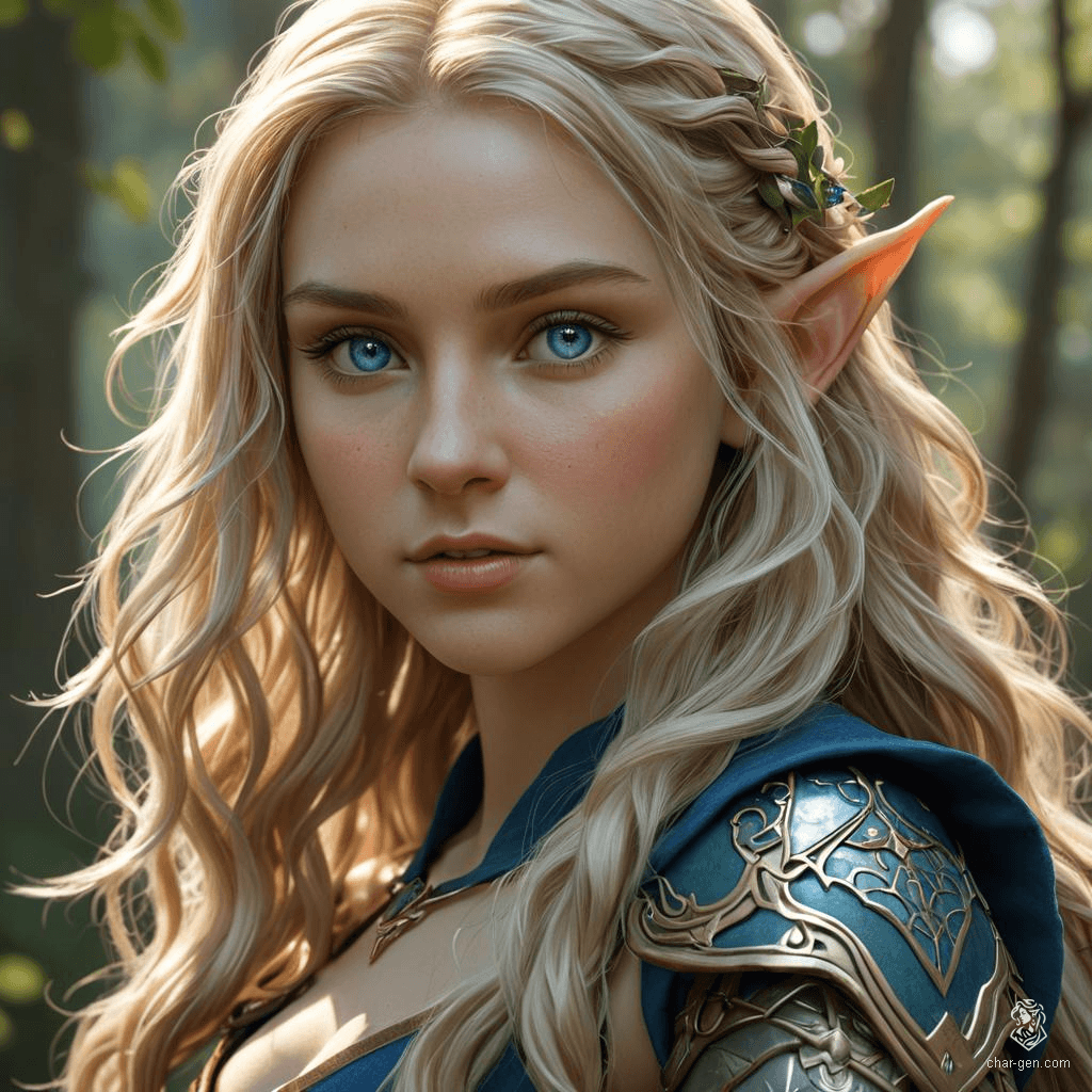 This Fantasy Elf Fighter stands confidently, showcasing an array of weapons. Their fair skin contrasts sharply with long, wavy blonde hair and piercing blue eyes, forming an arresting and formidable presence on the battlefield.