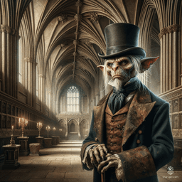 An old, pale-skinned male goblin with a distinctly mottled complexion works as a butler. Clad in aged, tattered attire and a top hat, this tiny, goblin-like creature exudes an aura of worn sophistication.