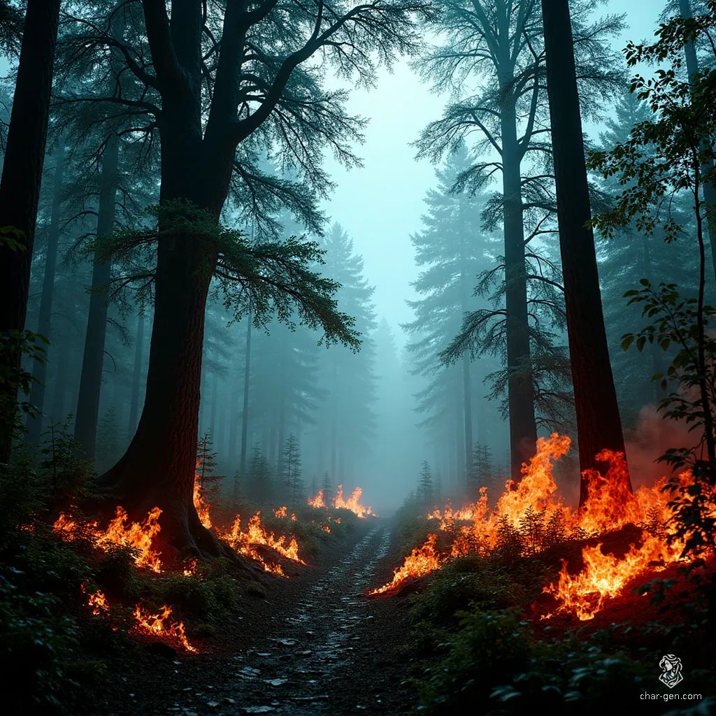 A mesmerizing stretch of enchanted forest unfolds, where vibrant green foliage contrasts sharply with luminous flames of fiery red and orange. Towering trees rise amid a backdrop of a deep blue sky, while hidden creatures flit between the shadows, creating an ethereal dance of light and darkness.