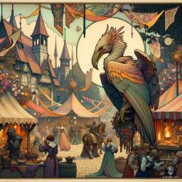 Amidst the vibrant medieval village festival, a serene aarakocra cleric, adorned with a prominent holy symbol, glides gracefully above the festivities. Their detailed feathers shimmer in the sunlight, while townsfolk celebrate below, enchanted by the melodies of minstrels and the aromas of roasted meats swirling in the air.