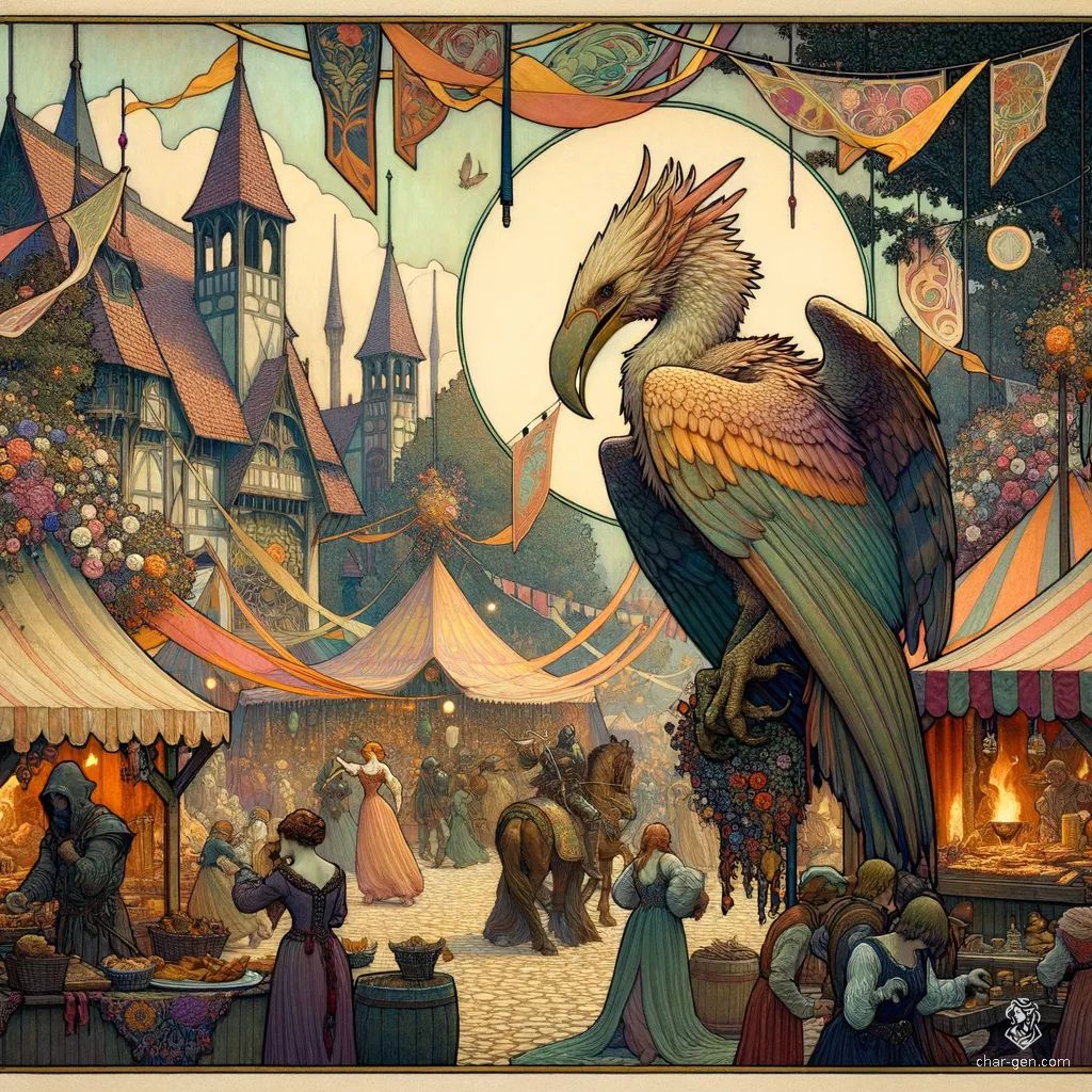 Amidst the vibrant medieval village festival, a serene aarakocra cleric, adorned with a prominent holy symbol, glides gracefully above the festivities. Their detailed feathers shimmer in the sunlight, while townsfolk celebrate below, enchanted by the melodies of minstrels and the aromas of roasted meats swirling in the air.