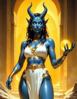 High Inquisitor Nefkari, a striking tiefling warlock, embodies grace and power in her desert temple. With glossy blue skin and upswept amber eyes, her athletic form is accentuated by a gauzy white robe adorned with golden accents. Dark, flowing hair and slender, backswept horns frame her cruelly beautiful face, exuding an aura of arcane magic.