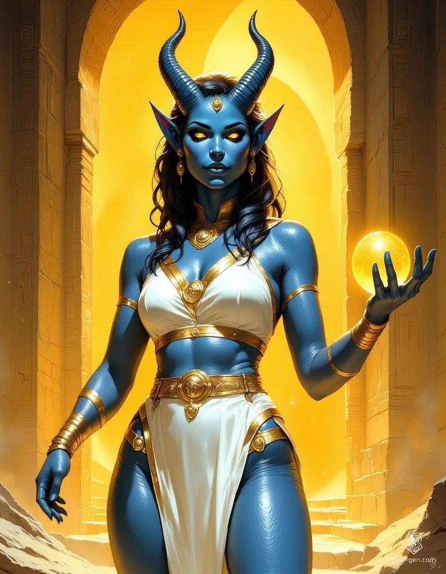 High Inquisitor Nefkari, a striking tiefling warlock, embodies grace and power in her desert temple. With glossy blue skin and upswept amber eyes, her athletic form is accentuated by a gauzy white robe adorned with golden accents. Dark, flowing hair and slender, backswept horns frame her cruelly beautiful face, exuding an aura of arcane magic.