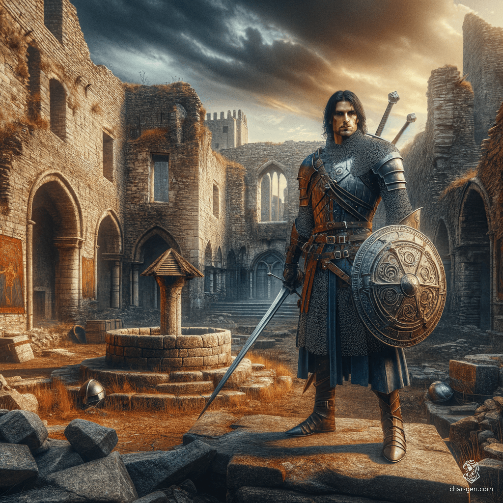 Sir Damon the Gifted is a towering 6'4" human paladin, marked by a dignified presence and armed with a longsword and intricately detailed shield. With tanned skin, jet-black hair, and striking blue eyes, he navigates a complex life of servitude to the Raven Queen while grappling with his dark pact and craving for vengeance.